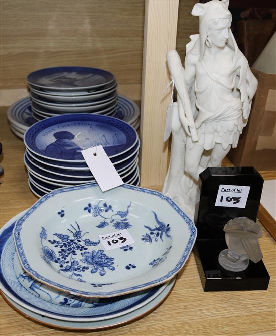 Chinese Export plate, bisque figure & Copenhagen collectors plates